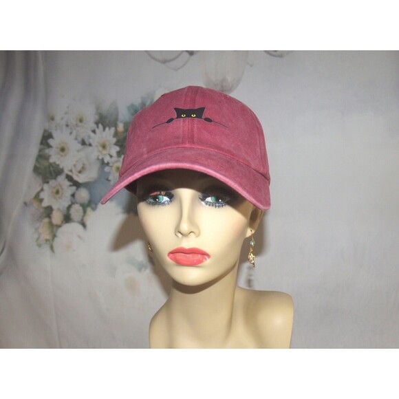 Black Cat Peeking with paws hat Wine Color Stone Washed NEW Baseball Cap - Picture 2 of 5